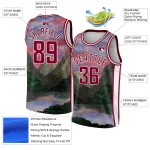 Custom White Maroon 3D Pattern Design Natural Landscape Watercolor Style Authentic Basketball Jersey - Image 2