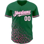 Custom Kelly Green White-Pink 3D Pattern Design Leopard Print Fade Fashion Authentic Baseball Jersey - Image 2
