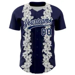 Custom Navy White 3D Tropical Hawaii Leaves And Flower Authentic Baseball Jersey - Image 2