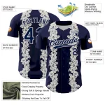 Custom Navy White 3D Tropical Hawaii Leaves And Flower Authentic Baseball Jersey - Image 3