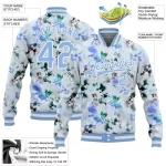 Custom White Light Blue Branches And Leaves 3D Pattern Design Bomber Full-Snap Varsity Letterman Jacket - Image 3
