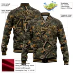 Custom Camo Black-Old Gold Classic Wood Camouflage 3D Bomber Full-Snap Varsity Letterman Salute To Service Jacket - Image 3