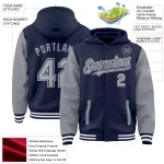 Custom Navy Gray-White Bomber Full-Snap Varsity Letterman Two Tone Hoodie Jacket - Image 3