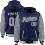 Custom Navy Gray-White Bomber Full-Snap Varsity Letterman Two Tone Hoodie Jacket