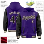 Custom Purple Black-Cream Bomber Full-Snap Varsity Letterman Two Tone Hoodie Jacket - Image 3