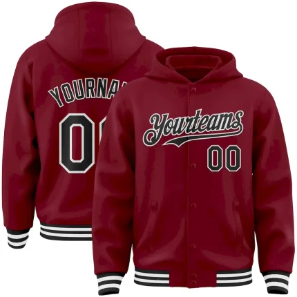 Custom Crimson Black-White Bomber Full-Snap Varsity Letterman Hoodie Jacket