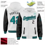 Custom White Teal-Black Bomber Full-Snap Varsity Letterman Two Tone Hoodie Jacket - Image 3