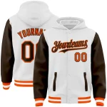 Custom White Brown-Orange Bomber Full-Snap Varsity Letterman Two Tone Hoodie Jacket
