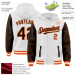 Custom White Brown-Orange Bomber Full-Snap Varsity Letterman Two Tone Hoodie Jacket - Image 3