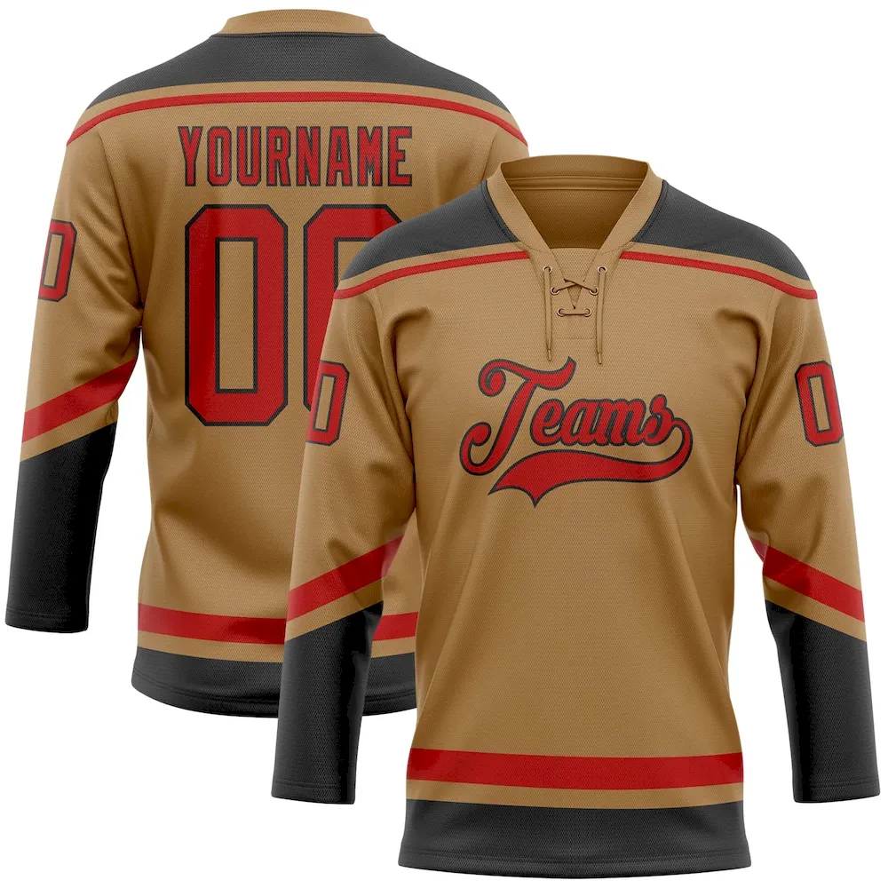 OldGold0070.webp Custom Old Gold Red-Black Hockey Lace Neck Jersey - Image 1