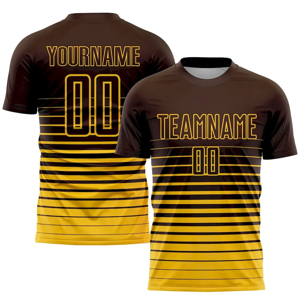 Soccer0735.webp Custom Brown Yellow Pinstripe Fade Fashion Sublimation Soccer Uniform Jersey - Image 1