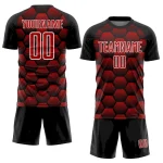Custom Black Red-White Hexagons Pattern Sublimation Soccer Uniform Jersey - Image 2