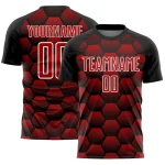 Custom Black Red-White Hexagons Pattern Sublimation Soccer Uniform Jersey