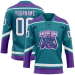 Custom Teal White-Purple Hockey Lace Neck Jersey - Image 2